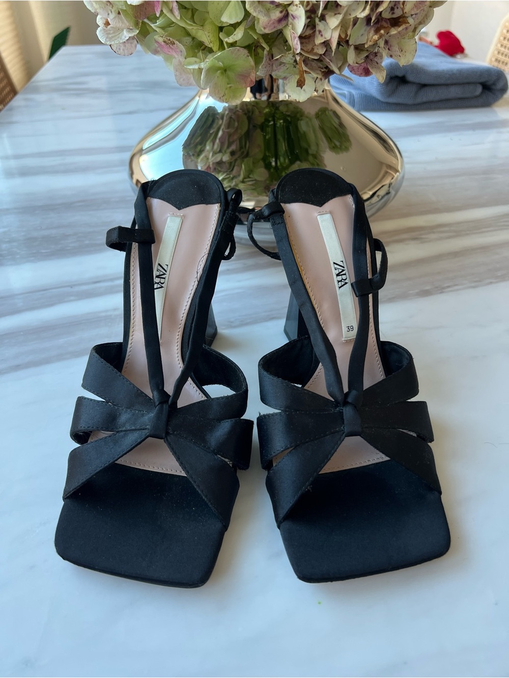 Zara Black Strappy Knot Mid-Heel Sandals